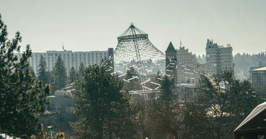 Spokane Pavilion and downtown skyline seen from Riverfront Park in Spokane, Washington