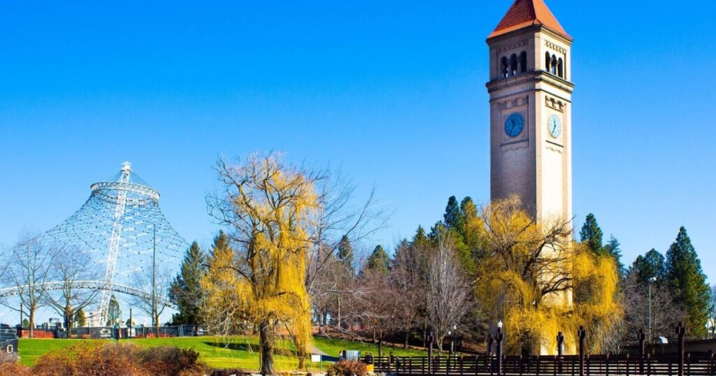 The Riverfront Park clock tower and Pavilion beside the Spokane River in downtown Spokane, Washington